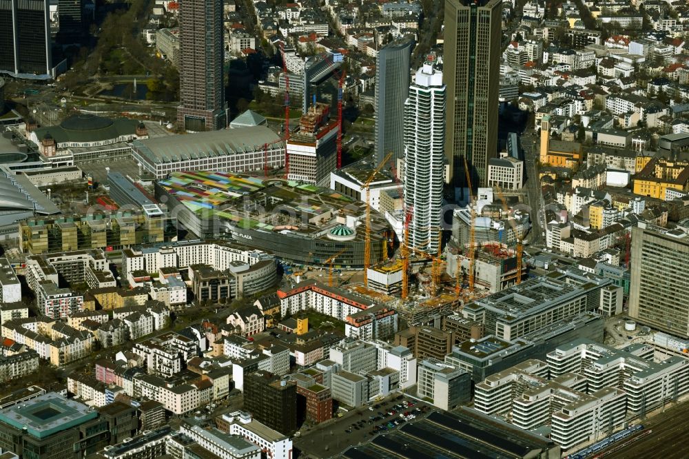 Aerial photograph Frankfurt am Main - Construction site for new high-rise building complex The Spin before GRAND TOWER on Mainzer Landstrasse - Gueterplatz and in the background the new building of the ONE tower - formerly Tower One in the district Gallus in Frankfurt in the state Hesse, Germany