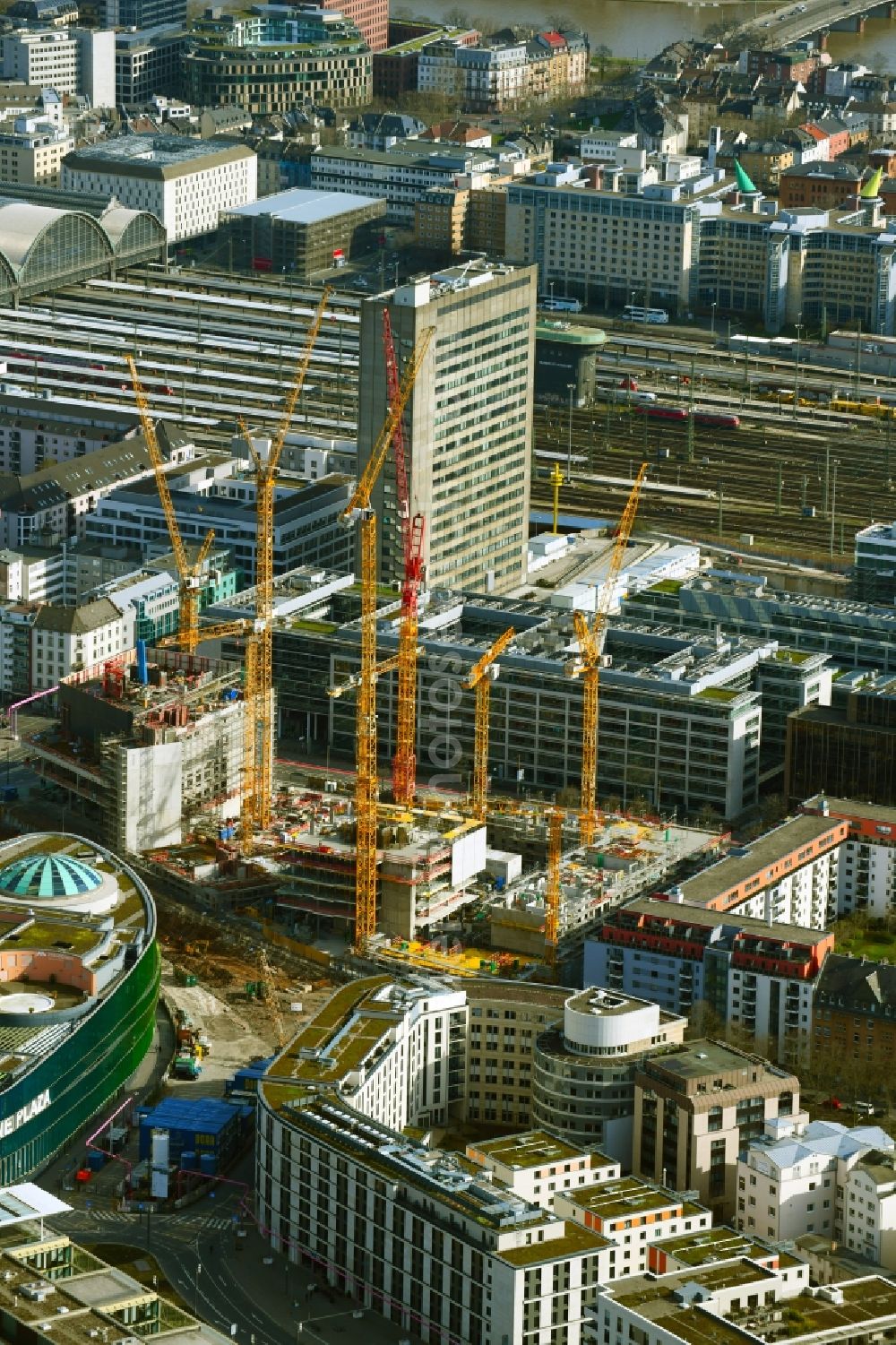 Aerial image Frankfurt am Main - Construction site for new high-rise building complex The Spin before GRAND TOWER on Gueterplatz in the district Gallus in Frankfurt in the state Hesse, Germany
