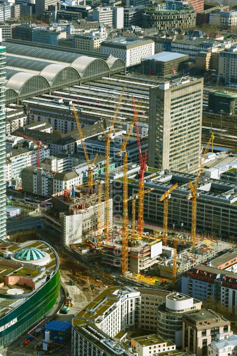 Frankfurt am Main from above - Construction site for new high-rise building complex The Spin before GRAND TOWER on Gueterplatz in the district Gallus in Frankfurt in the state Hesse, Germany