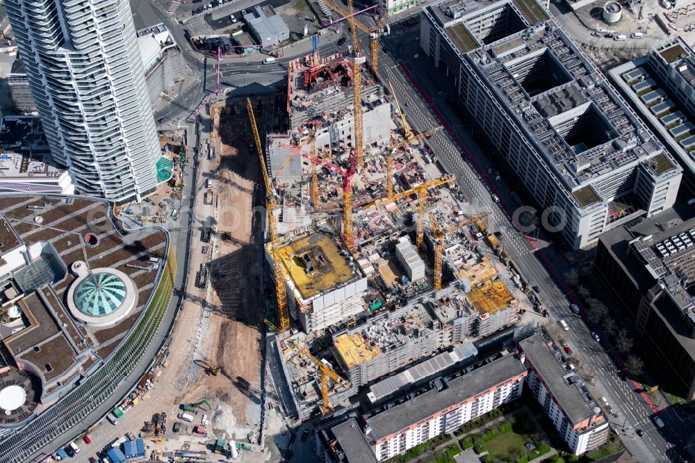 Aerial image Frankfurt am Main - Construction site for new high-rise building complex The Spin before GRAND TOWER on Gueterplatz in the district Gallus in Frankfurt in the state Hesse, Germany