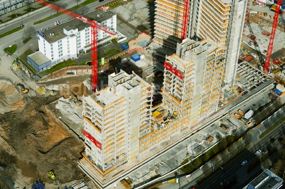 Offenbach am Main from above - Construction site for new high-rise building complex Stadtquartier Vitopia Kampus Kaiserlei in Offenbach am Main in the state Hesse, Germany