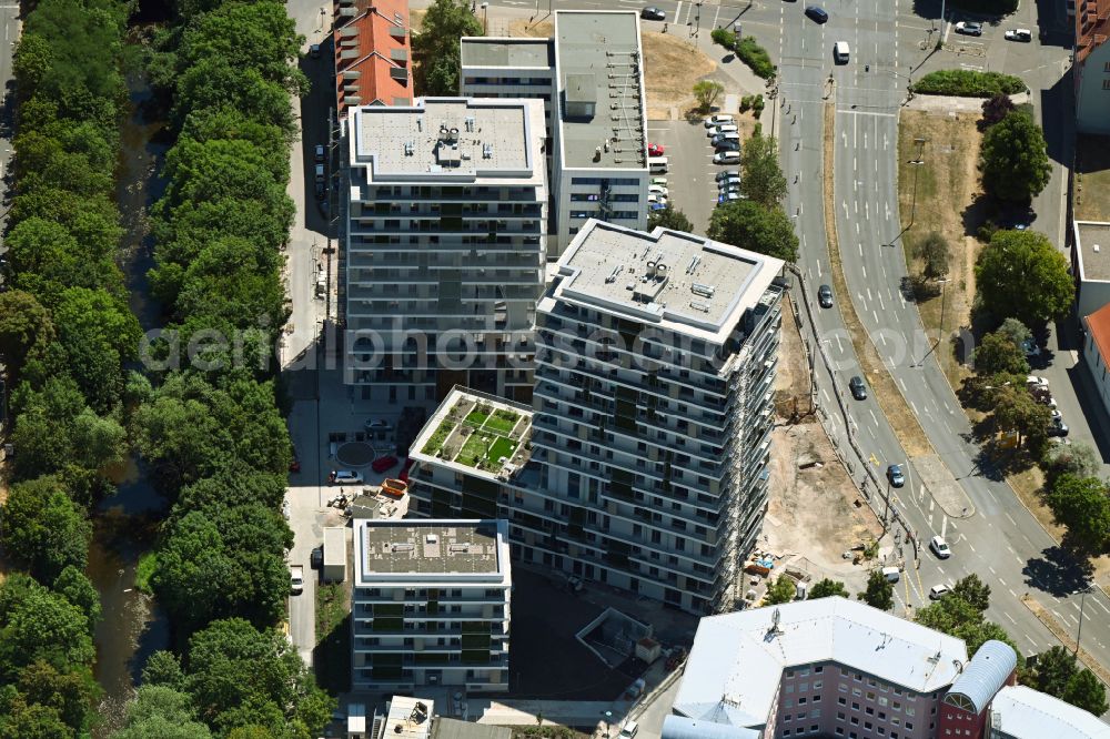 Aerial image Erfurt - Construction site for the new high-rise complex Wir Quartier with two residential towers and a six-class city villa on Juri-Gagarin-Ring in the Old Town district in Erfurt in the state of Thuringia, Germany