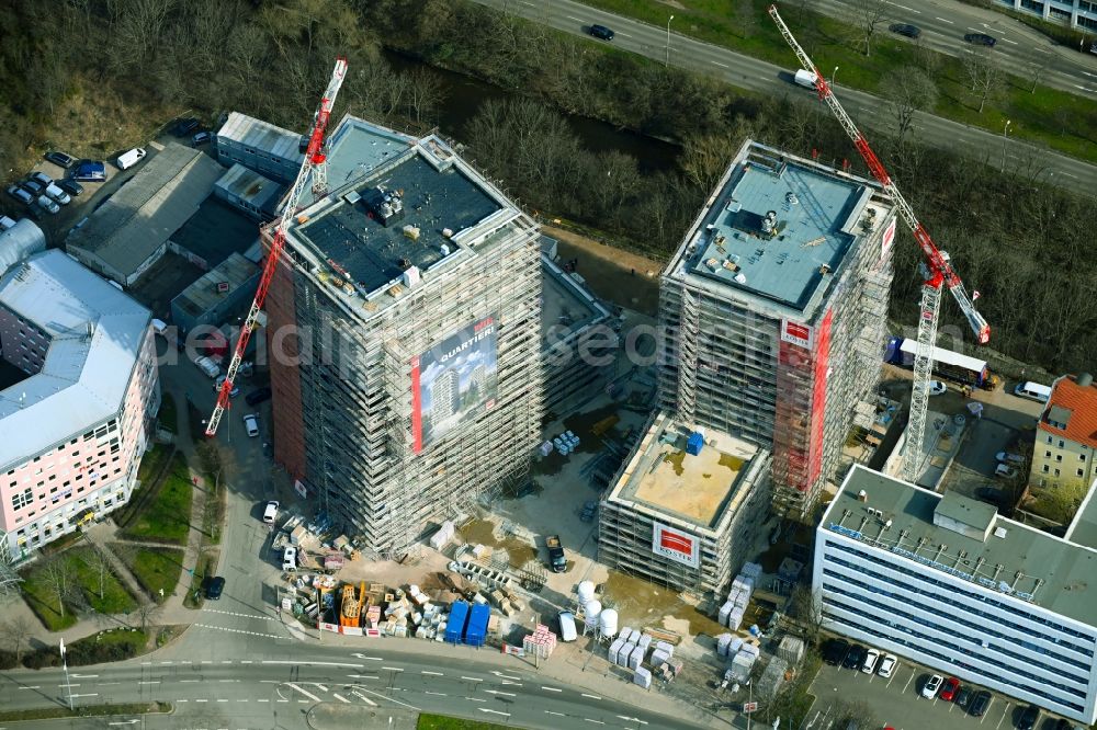 Aerial photograph Erfurt - Construction site for the new high-rise complex Wir Quartier with two residential towers and a six-class city villa on Juri-Gagarin-Ring in the Old Town district in Erfurt in the state of Thuringia, Germany