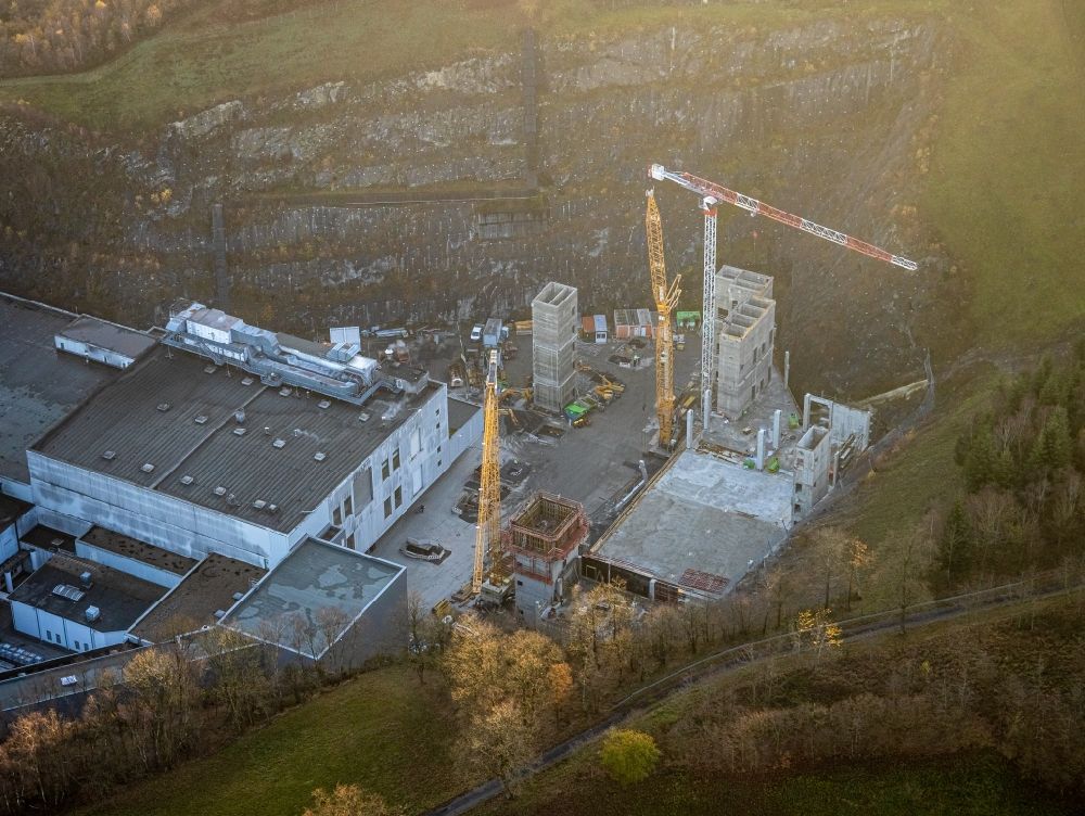 Grevenstein from above - Construction site and assembly work for the construction of a high-bay warehouse building complex and logistics center on the premises of the brewery Brauerei C.& A. VELTINS GmbH & Co. KG An of Streue in Grevenstein in the state North Rhine-Westphalia, Germany
