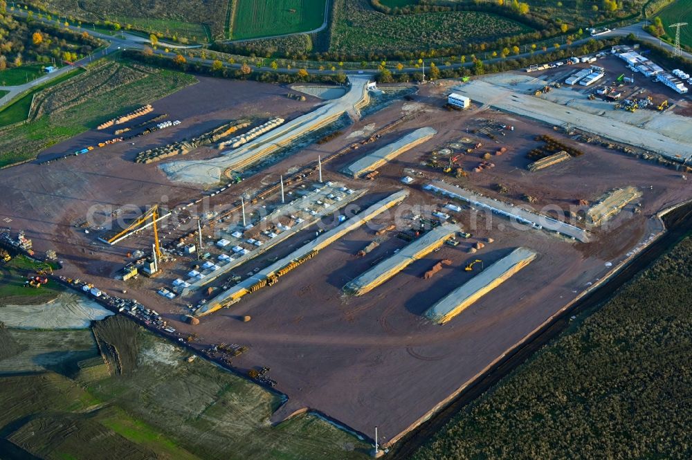 Aerial photograph Magdeburg - Construction site and assembly work for the construction of a high-bay warehouse building complex and logistics center on the premises on Burger Strasse in the district Gewerbegebiet Nord in Magdeburg in the state Saxony-Anhalt, Germany