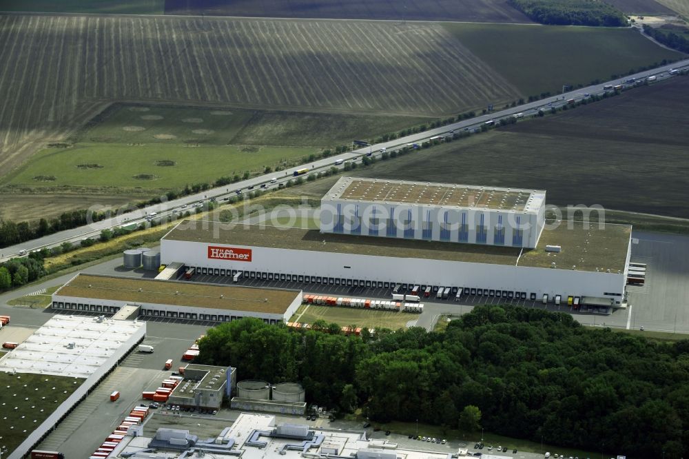 Aerial image Günthersdorf - Construction site and assembly work for the construction of a high-bay warehouse building complex and logistics center on the premises in Guenthersdorf in the state Saxony-Anhalt