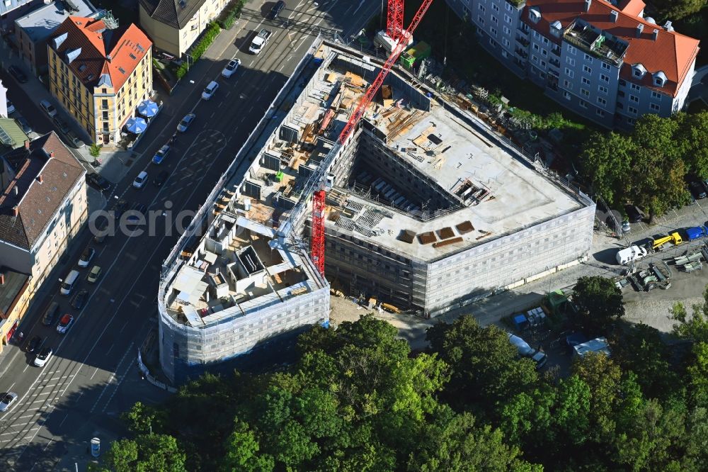 Aerial photograph Augsburg - New construction site the hotel complex Langenmantelstrasse - Schwimmschulstrasse on Plaerrergelaende in the district Stadtjaegerviertel in Augsburg in the state Bavaria, Germany