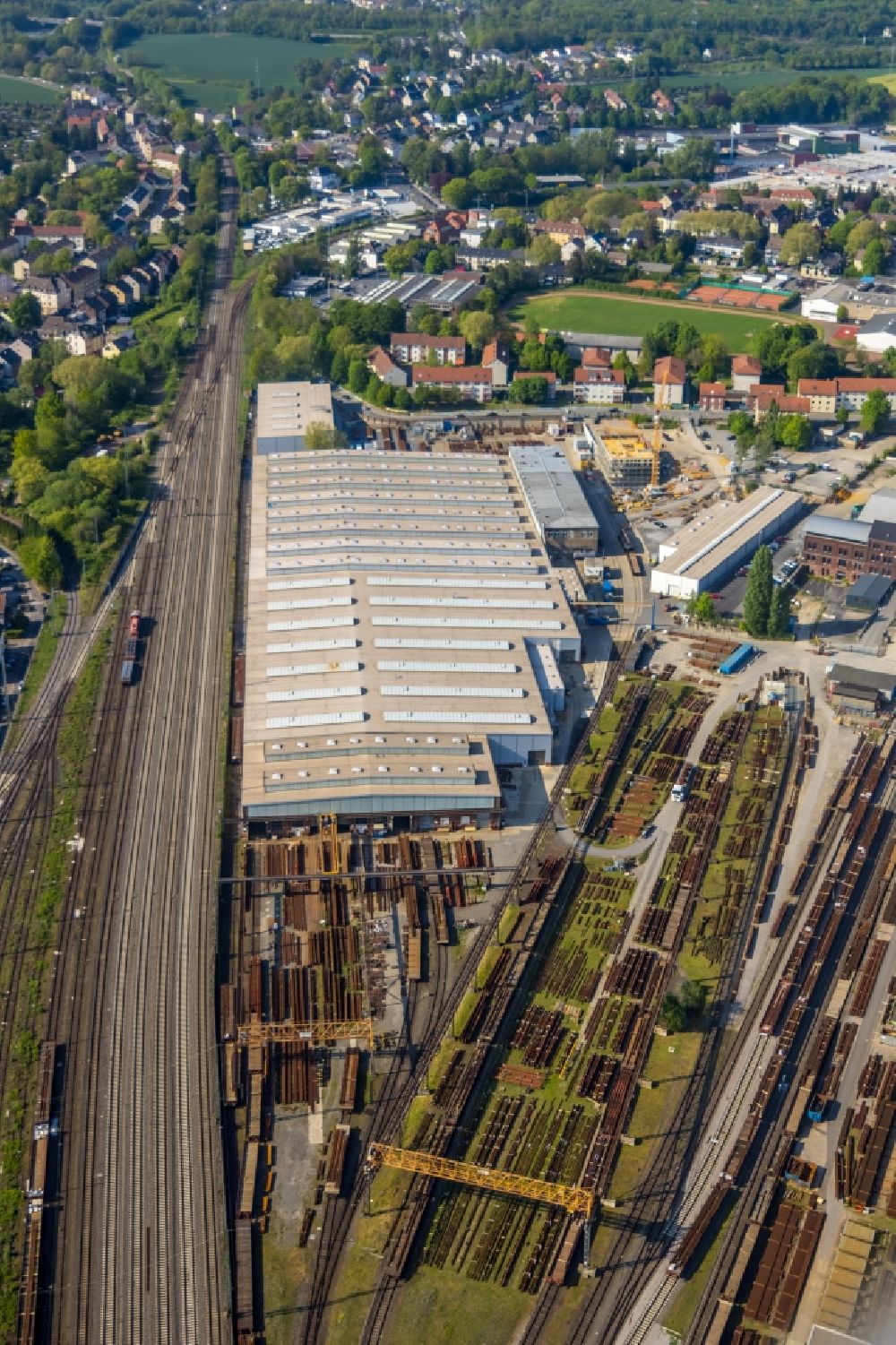 Witten from above - Railway depot and repair shop for maintenance DB factory Oberbaustoffe Witten in the district Bommern in Witten in the state North Rhine-Westphalia, Germany