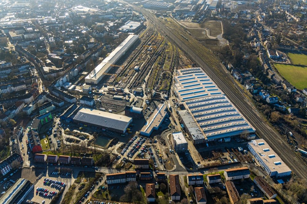 Aerial photograph Witten - Railway depot and repair shop for maintenance DB factory Oberbaustoffe Witten in the district Bommern in Witten at Ruhrgebiet in the state North Rhine-Westphalia, Germany