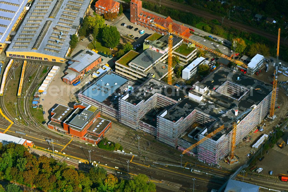 Berlin from the bird's eye view: Railway depot and repair shop for maintenance and repair of trains the Berlin subway in the district Charlottenburg Westend in Berlin, Germany
