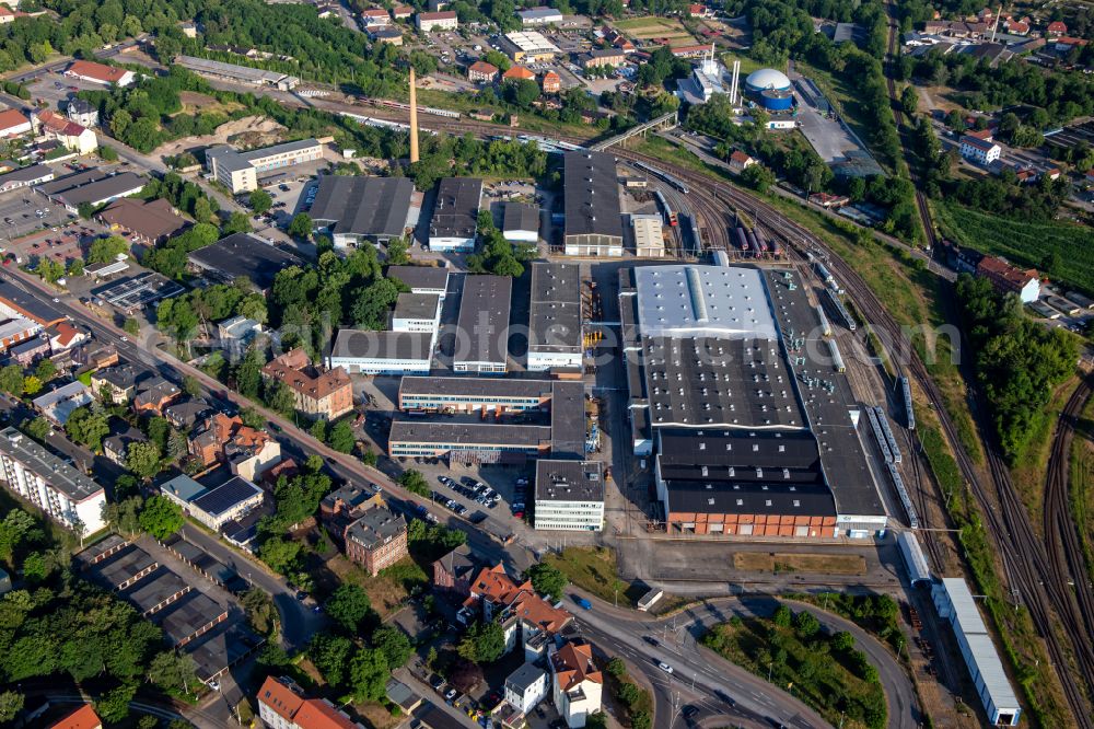 Halberstadt from above - Railway depot and repair shop for maintenance and repair of trains on street Magdeburger Strasse in Halberstadt in the state Saxony-Anhalt, Germany