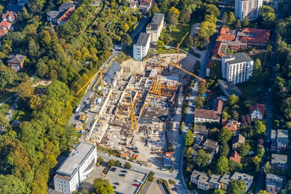 Bielefeld from the bird's eye view: New construction site for a medical center and hospital clinic of the children's hospital on Bethesdaweg corner Grenzweg in Bielefeld in the state North Rhine-Westphalia, Germany