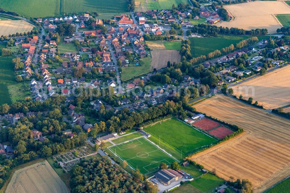 Aerial image Haltern am See - Construction site for the new construction of an artificial turf at the sports facilities Am Friedhof in Lavesum in the state North Rhine-Westphalia, Germany