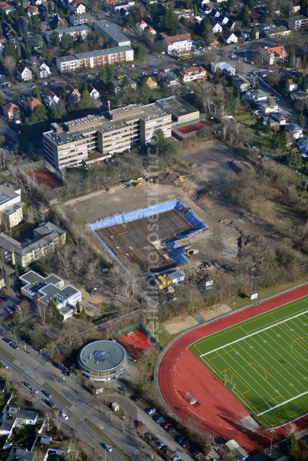 Berlin from above - View of the new construction of the school Lise Meitner in the district Gropiusstadt in Berlin