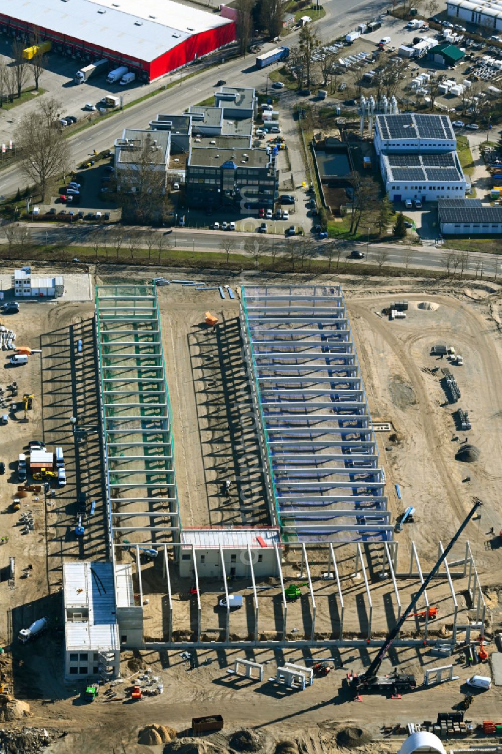 Potsdam from the bird's eye view: Construction site to build a new building complex on the site of the logistics center GLS on street Drewitzer Strasse - Handelshof - Am Buchhorst in the district Drewitz in Potsdam in the state Brandenburg, Germany