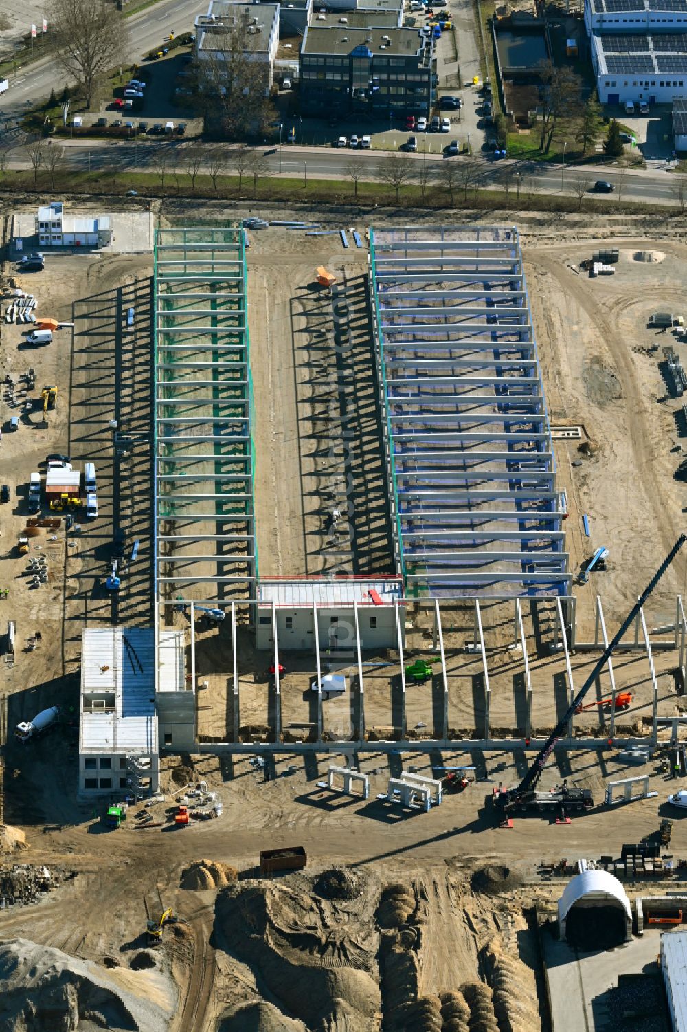 Aerial image Potsdam - Construction site to build a new building complex on the site of the logistics center GLS on street Drewitzer Strasse - Handelshof - Am Buchhorst in the district Drewitz in Potsdam in the state Brandenburg, Germany