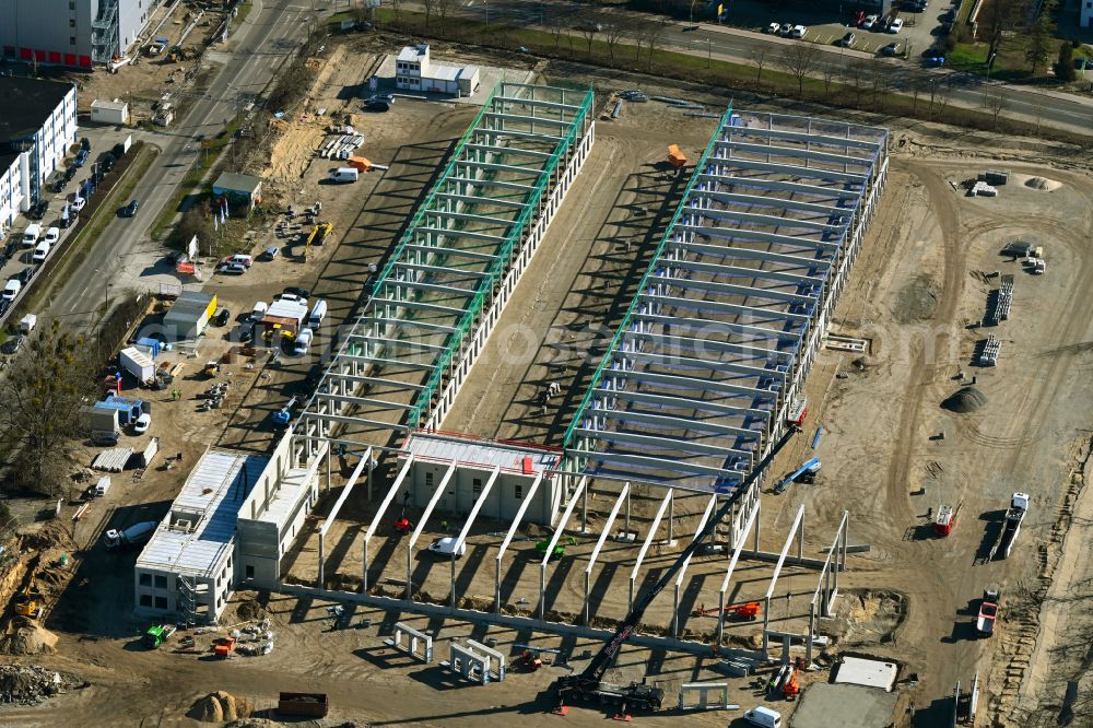 Aerial photograph Potsdam - Construction site to build a new building complex on the site of the logistics center GLS on street Drewitzer Strasse - Handelshof - Am Buchhorst in the district Drewitz in Potsdam in the state Brandenburg, Germany