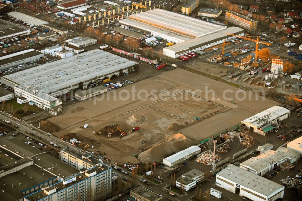 Berlin from the bird's eye view: Construction site to build a new building complex on the site of the logistics center on Marzahner Strasse in the district Hohenschoenhausen in Berlin, Germany
