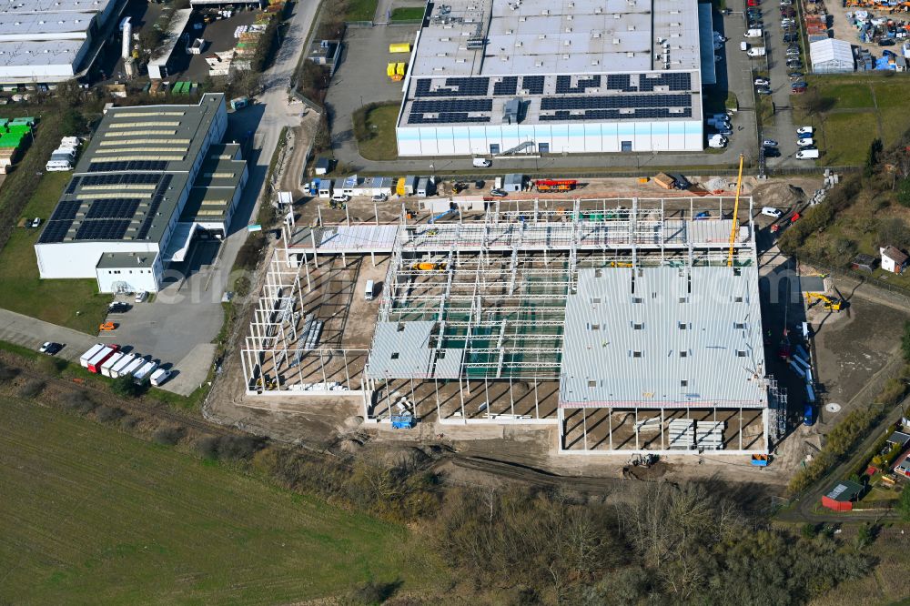 Mittenwalde from the bird's eye view: Construction site to build a new building complex on the site of the logistics center on street Zuelowstrasse - Dahmestrasse in the district Gallun in Mittenwalde in the state Brandenburg, Germany