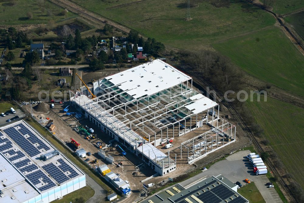 Mittenwalde from above - Construction site to build a new building complex on the site of the logistics center on street Zuelowstrasse - Dahmestrasse in the district Gallun in Mittenwalde in the state Brandenburg, Germany