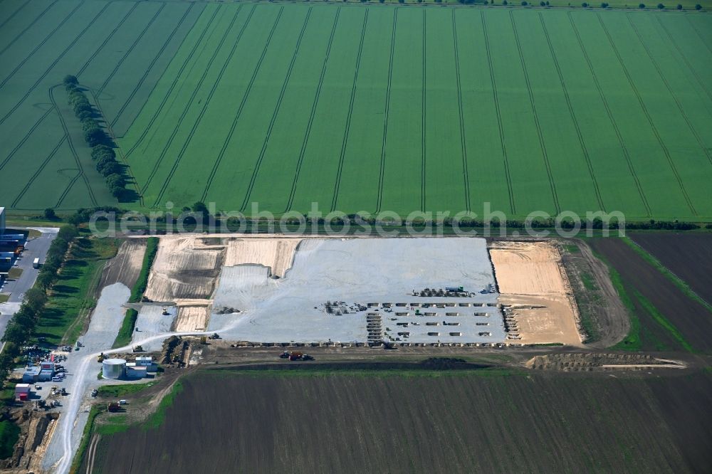 Sülzetal from the bird's eye view: Construction site to build a new building complex on the site of the logistics center in the district Osterweddingen in Suelzetal in the state Saxony-Anhalt, Germany