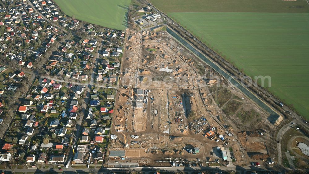 Aerial image Ahrensfelde - Construction site to build a new multi-family residential complex Ahrensfelder Obstwiesen on street Blumberger Chaussee in Ahrensfelde in the state Brandenburg, Germany