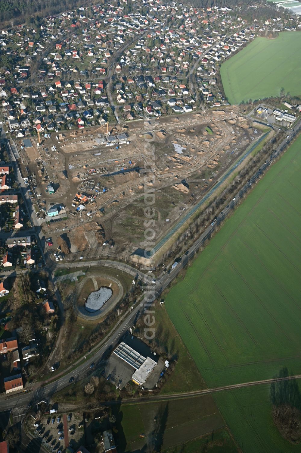 Ahrensfelde from above - Construction site to build a new multi-family residential complex Ahrensfelder Obstwiesen on street Blumberger Chaussee in Ahrensfelde in the state Brandenburg, Germany