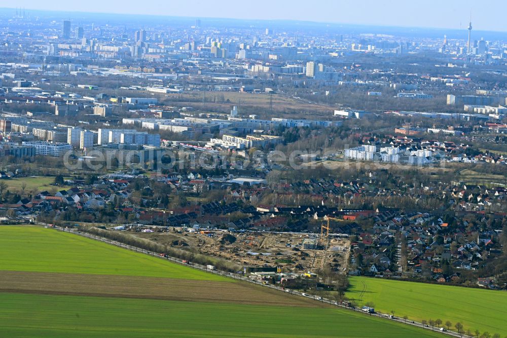 Aerial photograph Ahrensfelde - Construction site to build a new multi-family residential complex Ahrensfelder Obstwiesen on street Blumberger Chaussee in Ahrensfelde in the state Brandenburg, Germany