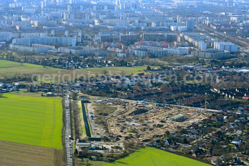 Aerial image Ahrensfelde - Construction site to build a new multi-family residential complex Ahrensfelder Obstwiesen on street Blumberger Chaussee in Ahrensfelde in the state Brandenburg, Germany