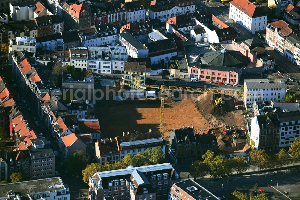 Aerial photograph Saarbrücken - Construction site to build a new multi-family residential complex in Areal Neugaesschen - Grossherzog-Friedrich-Strasse in the district Sankt Johann in Saarbruecken in the state Saarland, Germany