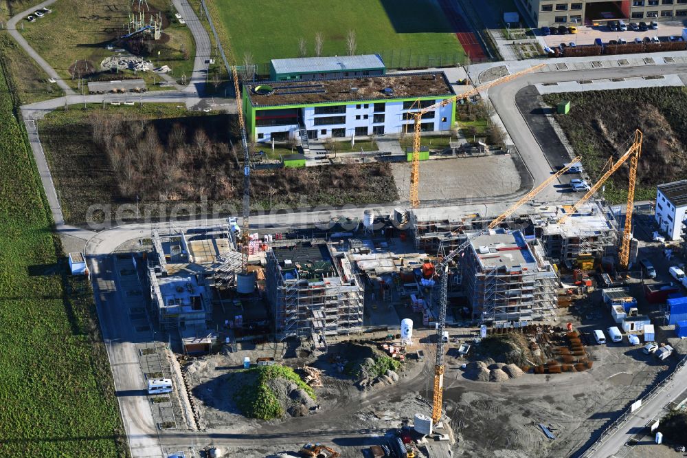 Dachau from above - Construction site to build a new multi-family residential complex AUGUSTENFELDER HOeFE on street Geschwister-Scholl-Strasse in the district Oberaugustenfeld in Dachau in the state Bavaria, Germany