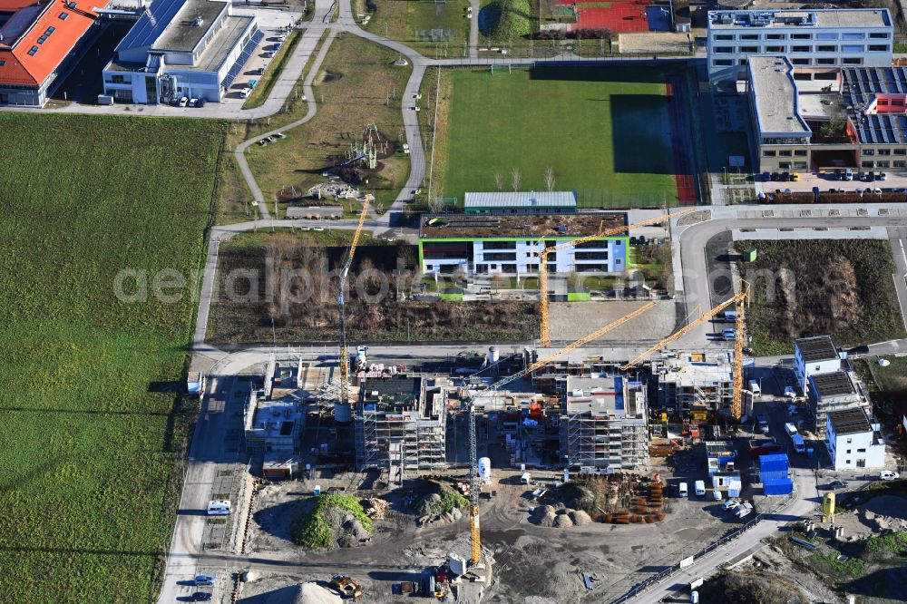 Dachau from above - Construction site to build a new multi-family residential complex AUGUSTENFELDER HOeFE on street Geschwister-Scholl-Strasse in the district Oberaugustenfeld in Dachau in the state Bavaria, Germany