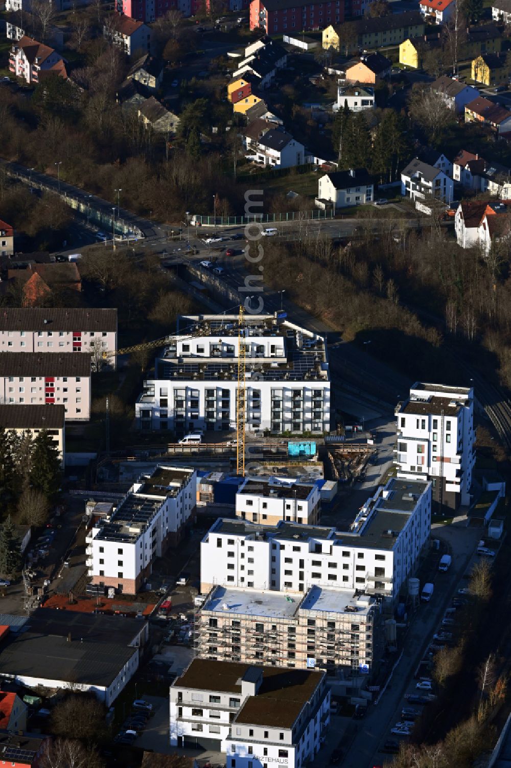 Bayreuth from above - Construction site to build a new multi-family residential complex on street Hugenottenstrasse in the district St. Georgen in Bayreuth in the state Bavaria, Germany