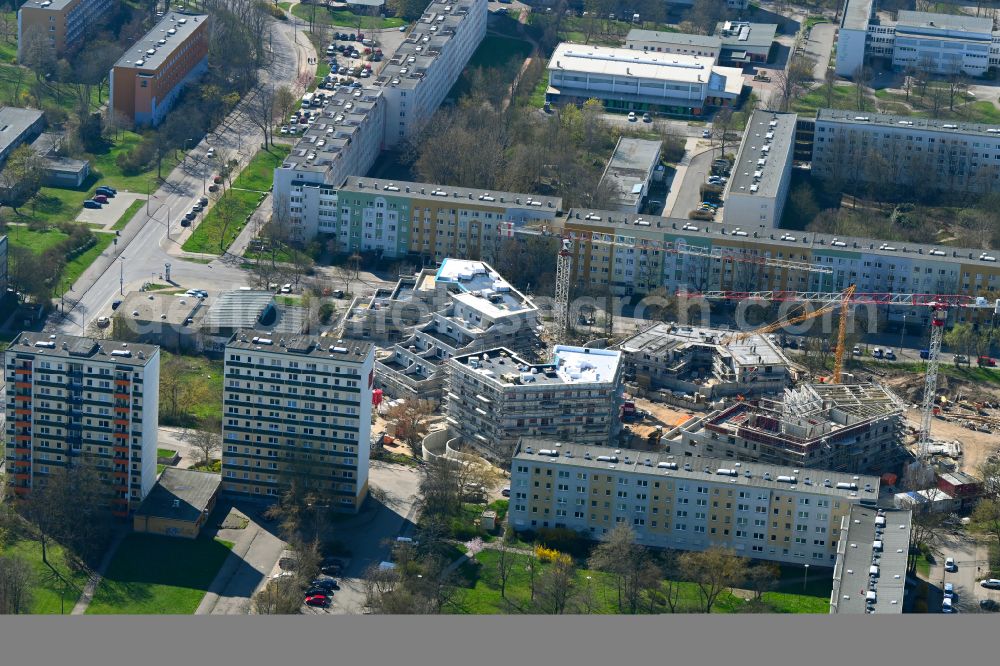 Halle (Saale) from the bird's eye view: Construction site to build a new multi-family residential complex on Begonienstrasse - Muldestrasse in the district Noerdliche Neustadt in Halle (Saale) in the state Saxony-Anhalt, Germany