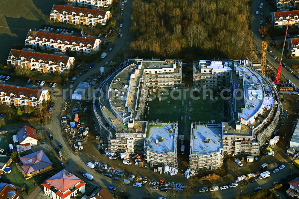 Schwanebeck from the bird's eye view: Construction site to build a new multi-family residential complex Am Eichenring in Schwanebeck in the state Brandenburg, Germany
