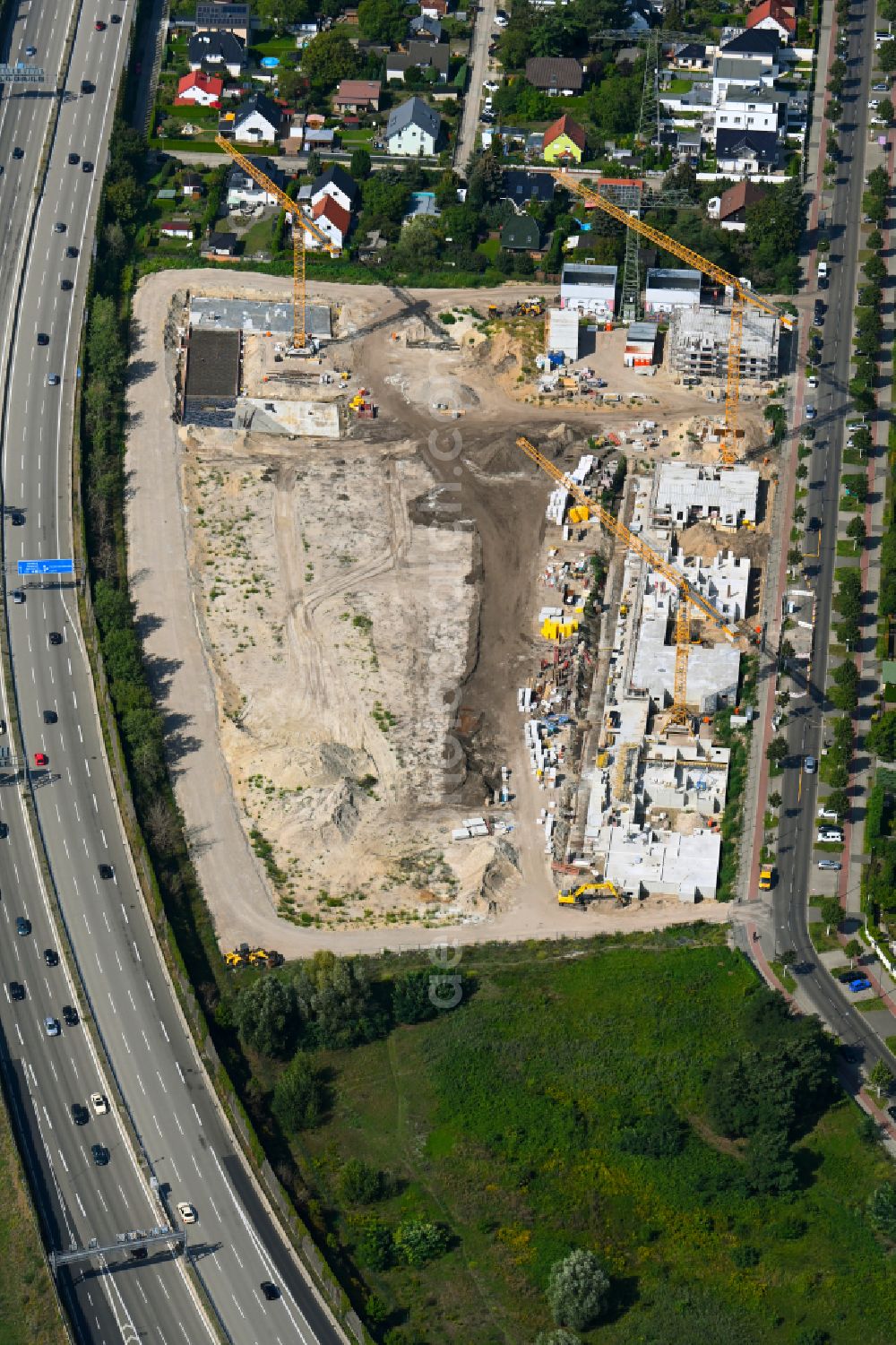 Aerial image Berlin - Construction site to build a new multi-family residential complex on Eisenhutweg in the district Johannisthal in Berlin, Germany