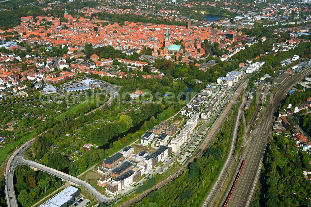 Aerial photograph Lüneburg - Construction site to build a new multi-family residential complex Ilmenau Garten in Lueneburg in the state Lower Saxony, Germany