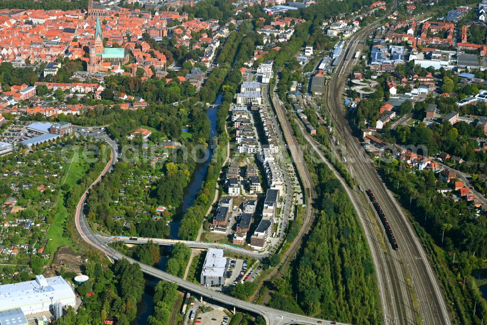 Lüneburg from above - Construction site to build a new multi-family residential complex Ilmenau Garten in Lueneburg in the state Lower Saxony, Germany