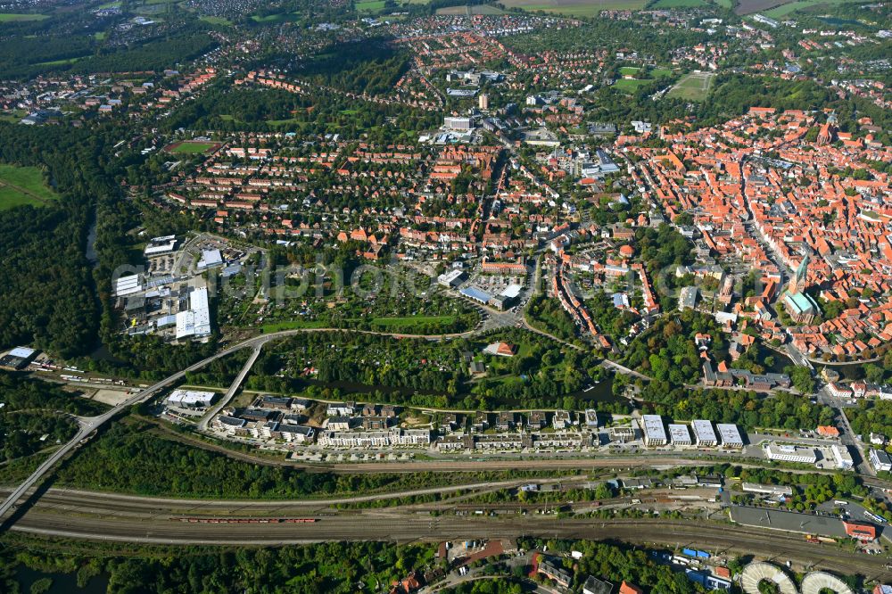 Lüneburg from above - Construction site to build a new multi-family residential complex Ilmenau Garten in Lueneburg in the state Lower Saxony, Germany