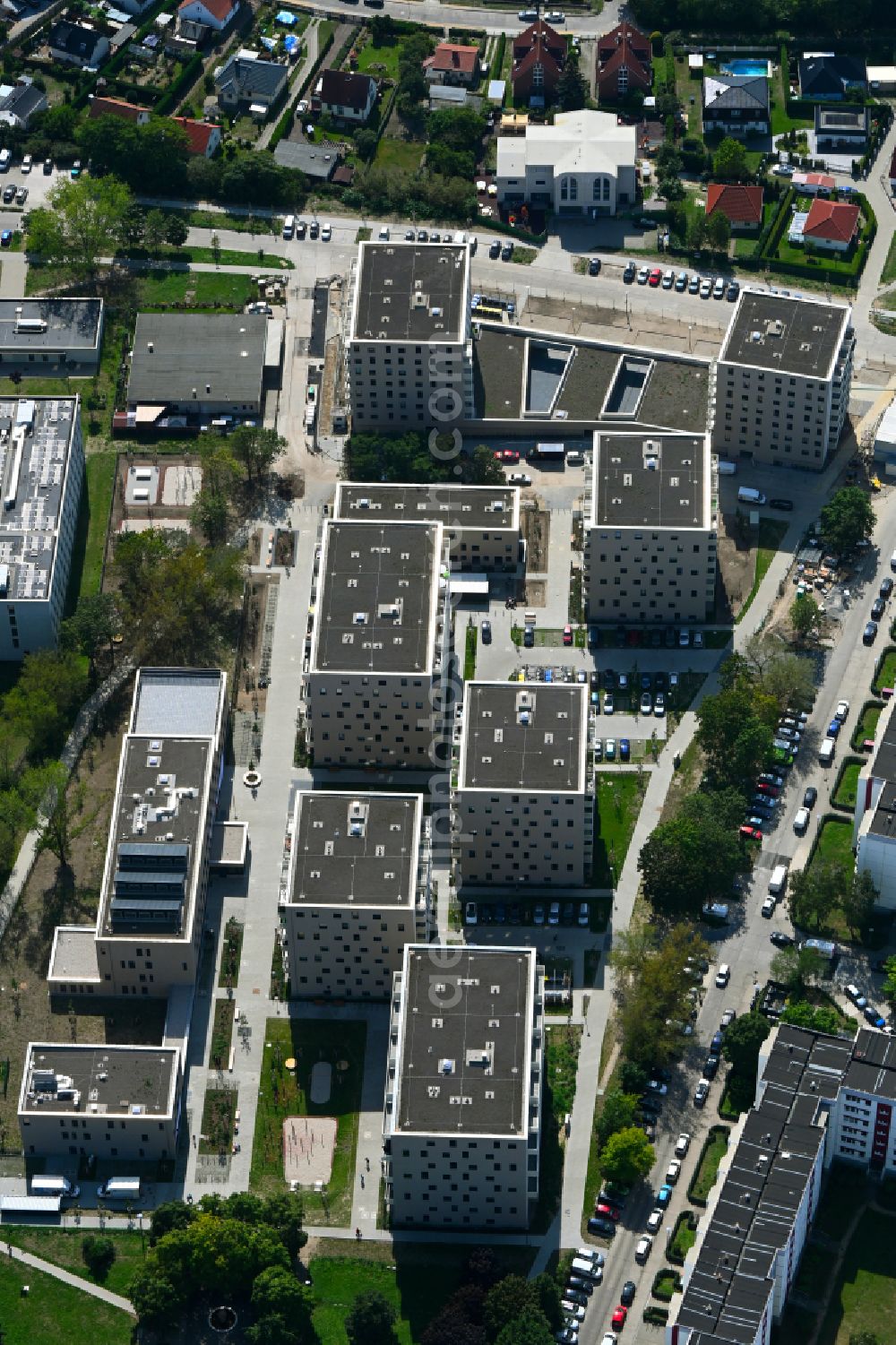 Aerial image Berlin - Construction site to build a new multi-family residential complex on Karl-Holtz-Strasse in the district Marzahn in Berlin, Germany