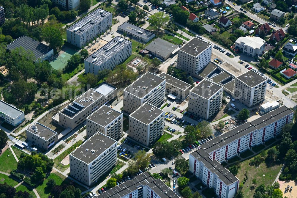 Berlin from above - Construction site to build a new multi-family residential complex on Karl-Holtz-Strasse in the district Marzahn in Berlin, Germany
