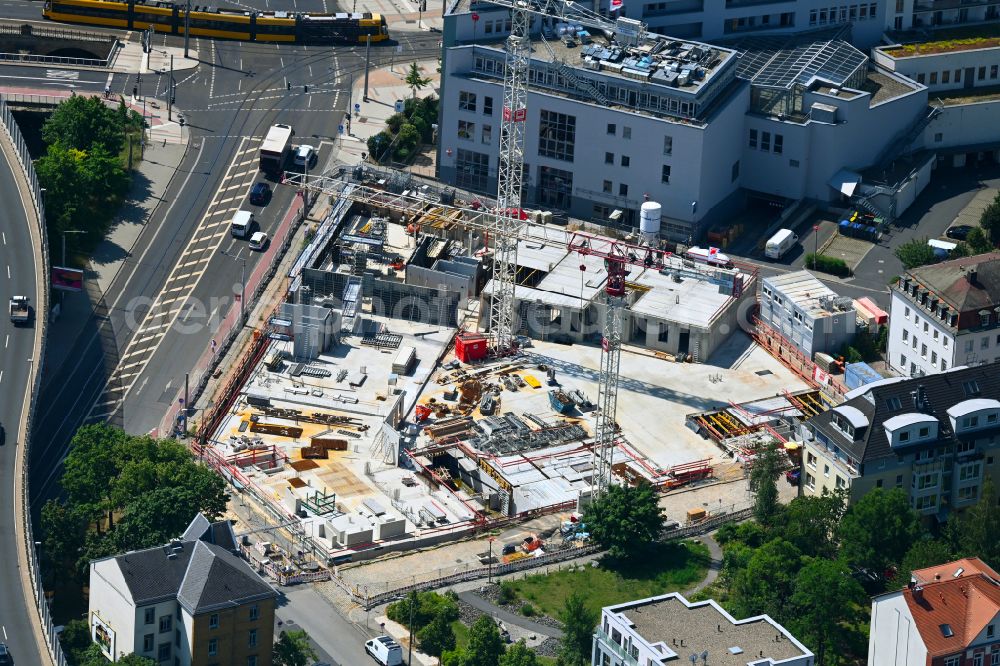 Dresden from above - Construction site to build a new multi-family residential complex Loebtauer Tor on street Luebecker Strasse - Loebtauer Strasse - Columbusstrasse - Eichendorffstrasse in the district Loebtau in Dresden in the state Saxony, Germany