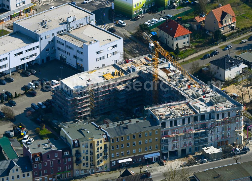 Aerial photograph Falkensee - Construction site to build a new multi-family residential complex Merlin-Quartier on street Dallgower Strasse - Schwartzkopffstrasse in Falkensee in the state Brandenburg, Germany