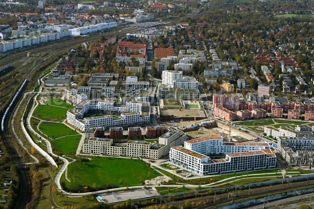 München from the bird's eye view: New multi-family residential complex on the Angela-Molitoris-Platz in the district Pasing-Obermenzing in Munich in the state Bavaria, Germany