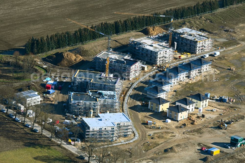 Biesenthal from the bird's eye view: Construction site to build a new multi-family residential complex Naturquartier in Biesenthal in the state Brandenburg, Germany