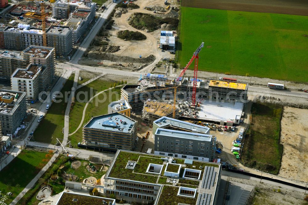 München from the bird's eye view: Construction site to build a new multi-family residential complex between Aubinger Allee, Ellis-Kaut-Strasse and Hans-Clarin-Weg in Munich in the state Bavaria, Germany