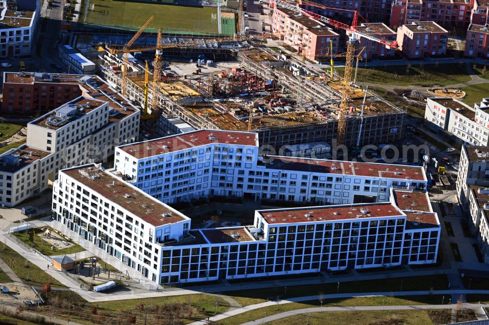 München from above - New multi-family residential complex on the Angela-Molitoris-Platz in the district Pasing-Obermenzing in Munich in the state Bavaria, Germany