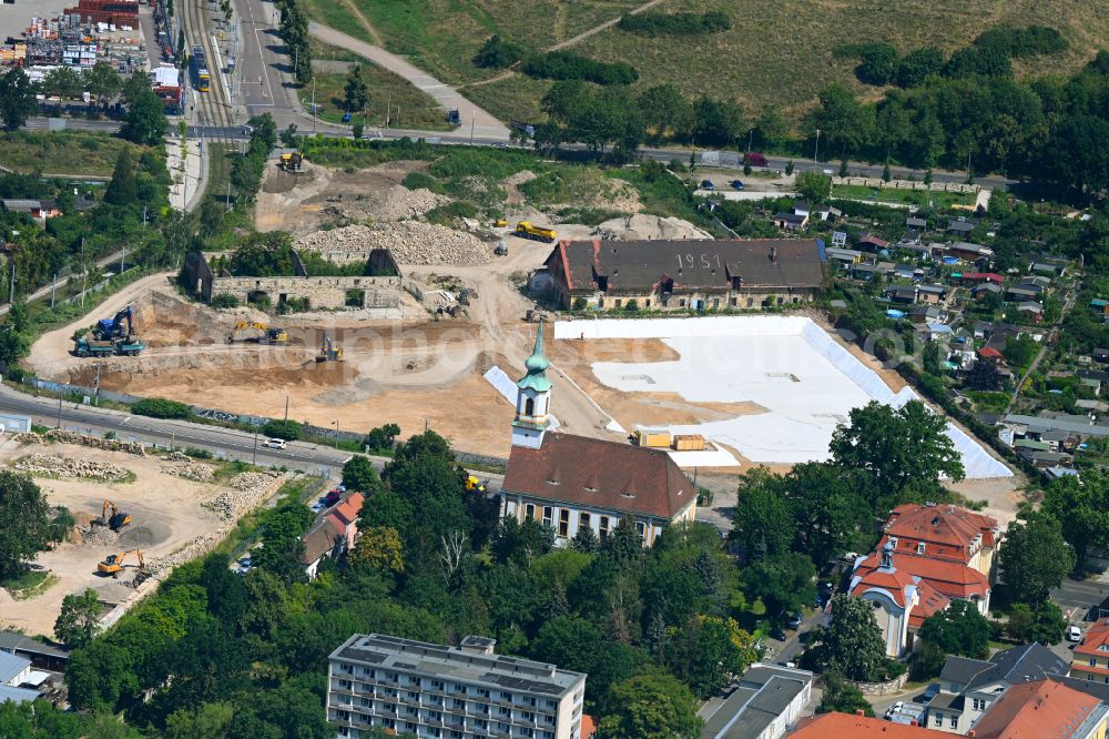 Dresden from above - Construction site to build a new multi-family residential complex Ostravorwerk on street Friedrichstrasse - Vorwerkstrasse in the district Friedrichstadt in Dresden in the state Saxony, Germany