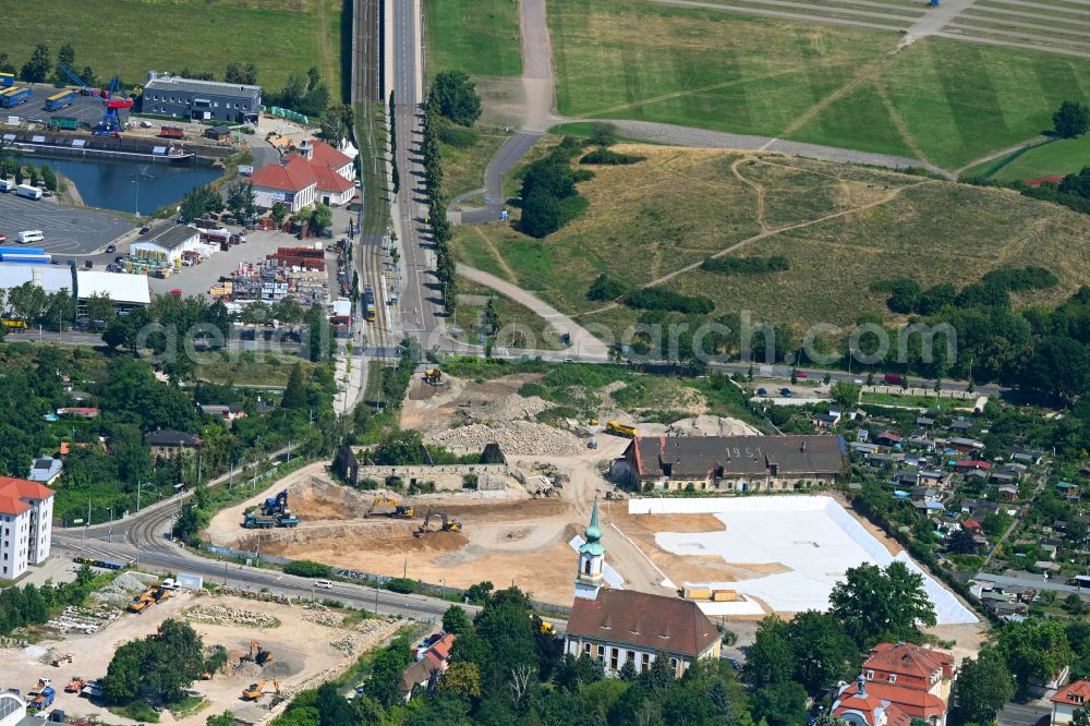 Dresden from the bird's eye view: Construction site to build a new multi-family residential complex Ostravorwerk on street Friedrichstrasse - Vorwerkstrasse in the district Friedrichstadt in Dresden in the state Saxony, Germany