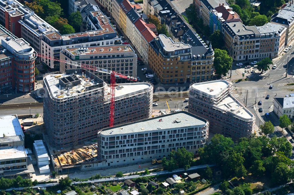 Aerial image Leipzig - Construction site to build a new multi-family residential complex on Prager Strasse corner Johannisallee in the district Zentrum-Suedost in Leipzig in the state Saxony, Germany